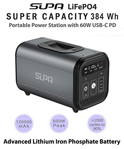 SUPA 384Wh 120000mAh LiFePO4 Portable Power Station with Lithium Iron Phosphate Battery, 300W Pure Sine Wave AC Outlet, Solar Generator Backup